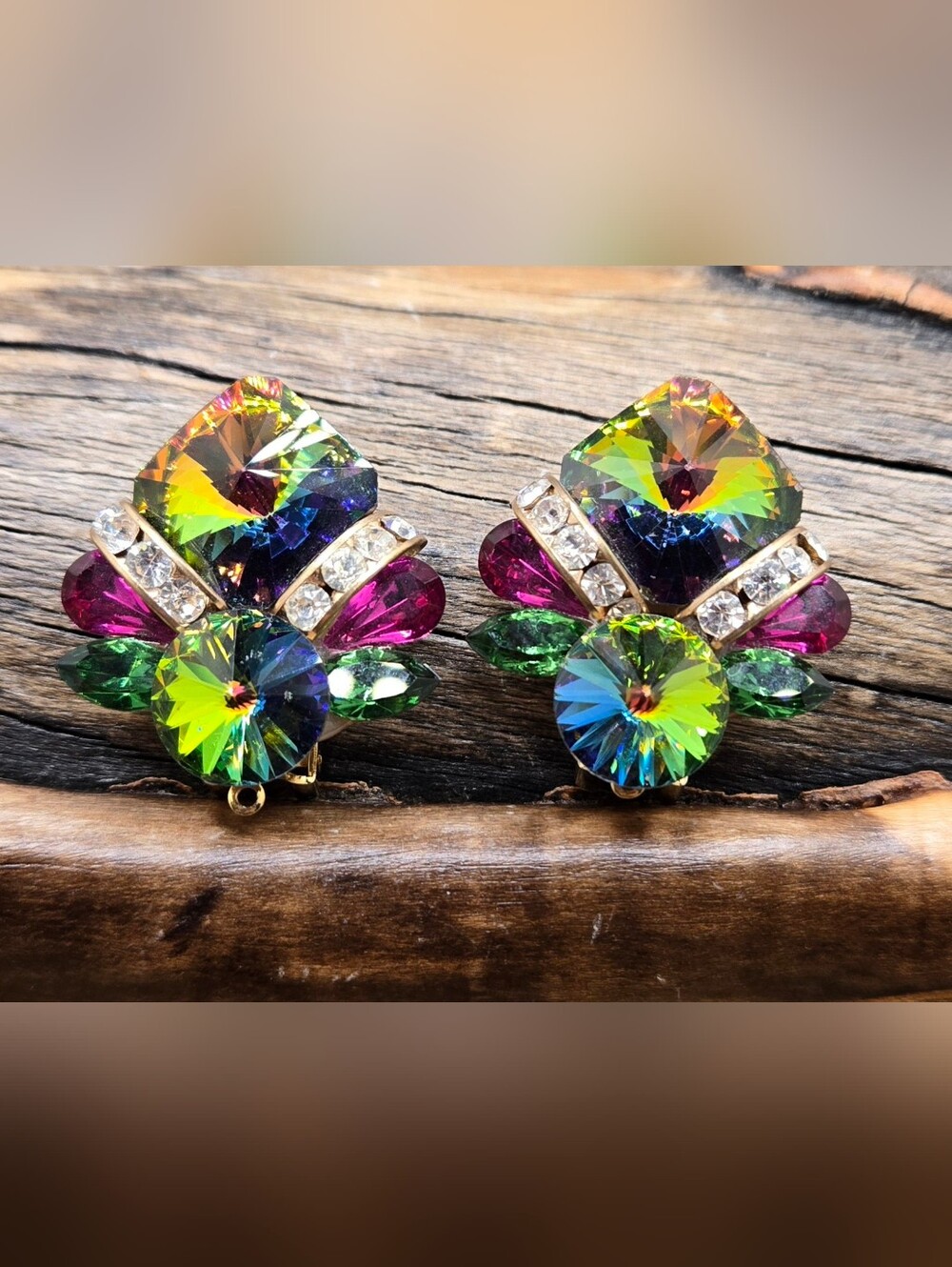 Watermelon Crystal Clip-On Earrings Gold Tone Multiple Colors Shapes